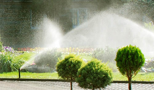 Sprinklers watering a public garden